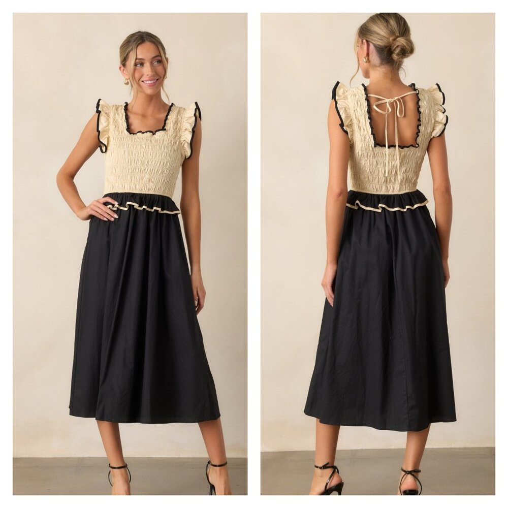 Free People Black and Cream Smocked Midi Dress